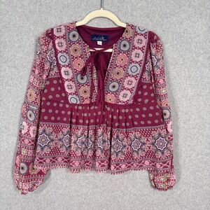 Blue Rain Boho Peasant Top Medium Burgundy Paisley Ruffle‎ Artsy Indie Feminine